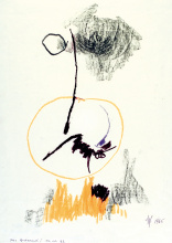 O.T. Pastell und Frottage , abstrakte Formen schwarz , blau und nude auf weißem Karton